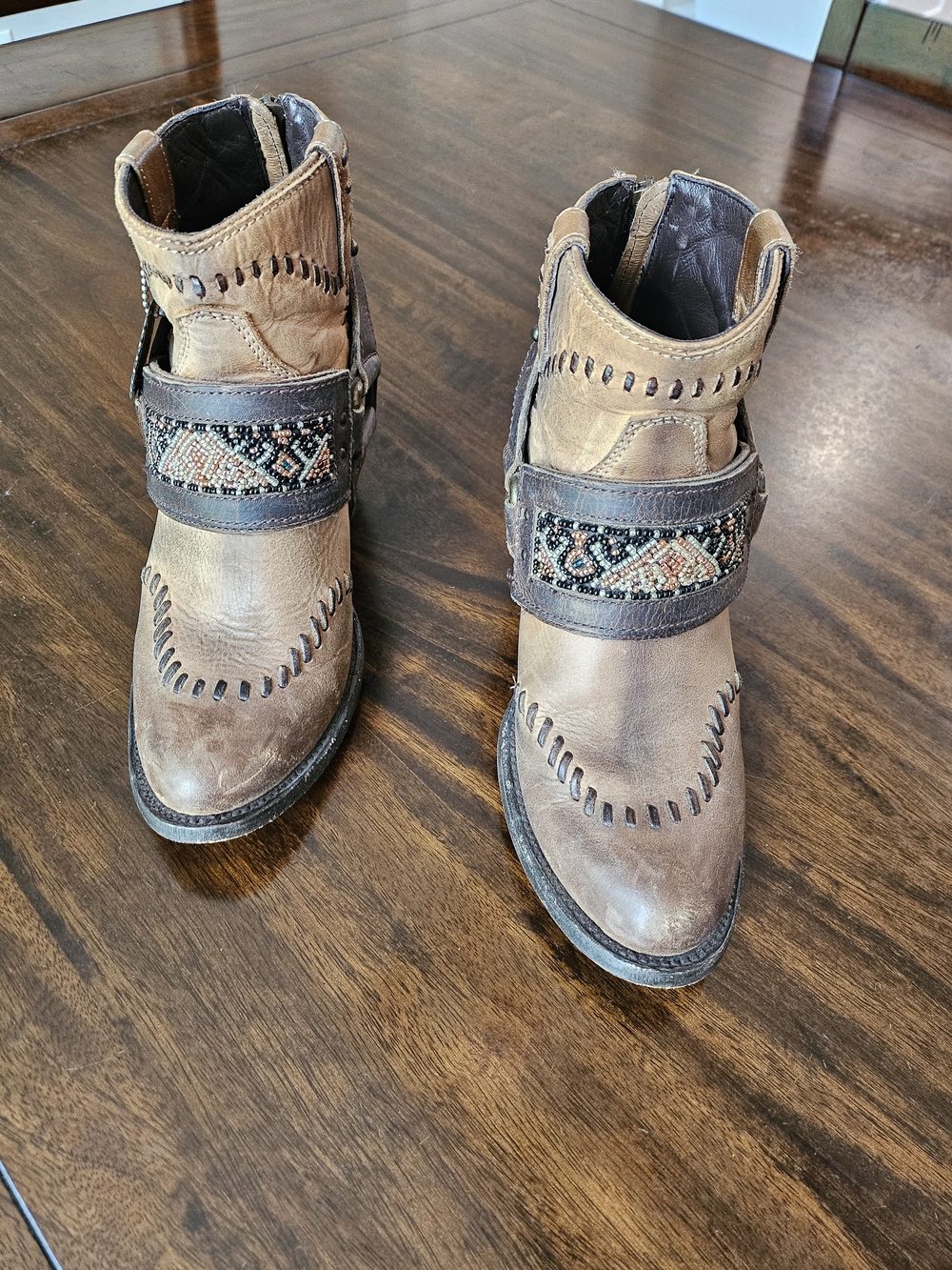 Double D Ranch Brown Leather Ankle Boots with Hand-Beaded Strap